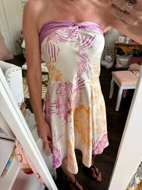 Tori Richard 100% Silk Strapless Dress Pink Orange Floral Mini Fit Flare Size 4